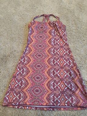 Prana Pink and Orange Geometric Halter Midi Dress